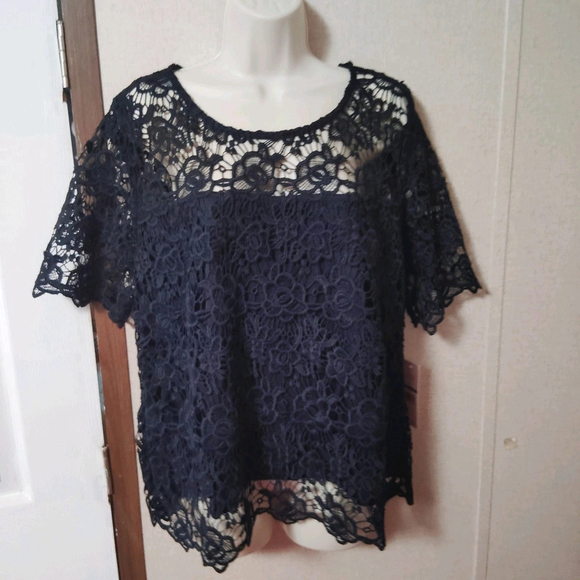 Nanette Lepore Tops - Nanette Lepore Women's Crochet Short Sleeve Dark Navy Blue Lace Top Sz XL